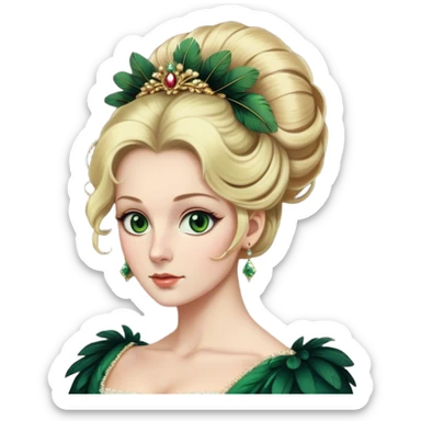 lady with Pale complexion, sharp features, high cheekbones, Blonde hair, green eyes, Regency-era elaborate updo, voluminous hairstyle, feathered ornaments sticker