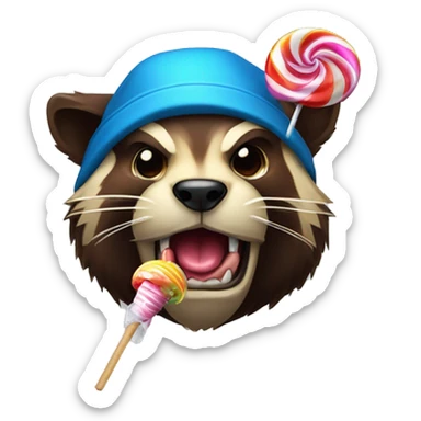 Wolverine animal licking a lolipop with a multicolored propeller hat sticker