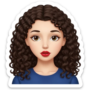 White girl with dark curly long middle part hair kiss sticker