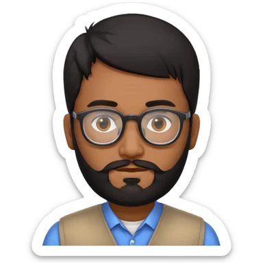 Indian software developer with beards and specs, with few white hairs in mostly black beard and hair sticker