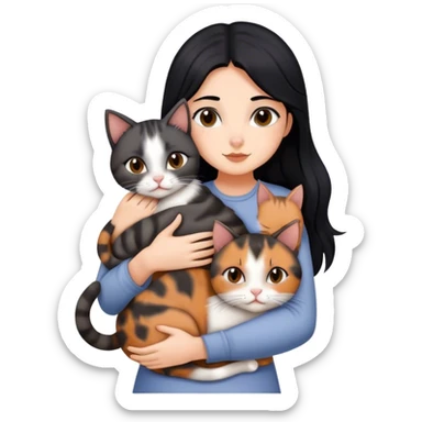 girl with black hair hugging three cats  (tortie cat, gray cat, brown calico cat) sticker