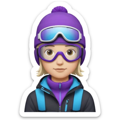 Pro Snowboarder with white and grey beanie, purple and blue frameless goggles on and a black jacket sticker
