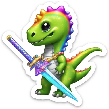 Lisa frank glitter rainbow cute dinosaur with sword and pearls sticker