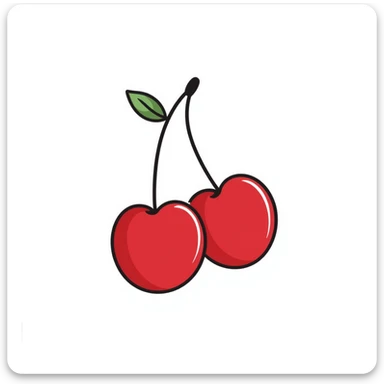 Hand-drawn two red cherries hanging from a thin branch with small leaves sticker