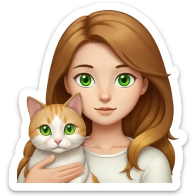 A wheat girl (slightly brunette with brown hair with golden locks) holding a white cat with green eyes sticker