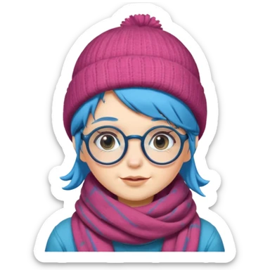 A shy blue straight hair woman with big round glasses and thick scarf and a beanie, blushing from the cold. sticker
