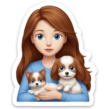long hair chestnut color blue eyes woman holding small completely white dog sticker