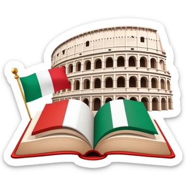 An icon featuring the Colosseum and the flag of Italy, symbolizing the Italian language. The design includes an open book with Italian phrases and a gondola, representing language learning and cultural exploration. Transparent background sticker