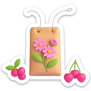 A tea bag with pink flowers and cherries sticker