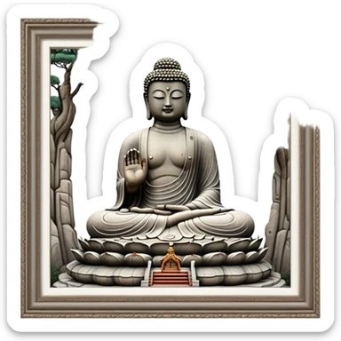 Cinematic Realistic image of the Big Buddha Monument of Sinheungsa Temple, portrayed as a towering, serene Buddha statue carved from weathered stone with intricate details and a gentle meditative expression, set within an ancient temple landscape enveloped in soft, ethereal lighting that underscores its spiritual majesty. sticker