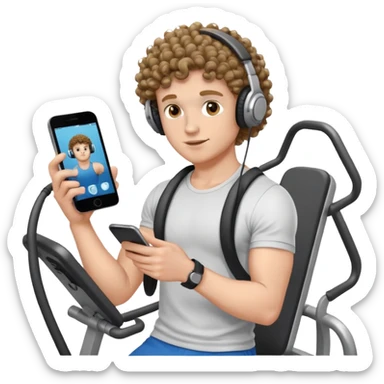 Curly haired white Boy holding phone, headphones on at gym sticker