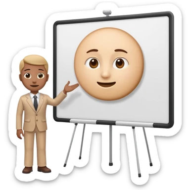 A clean emoji-style illustration of a person giving a presentation, standing next to a large presentation board on a stand, board empty and white, no podium, no desk, no table, friendly proportions, soft 3D emoji style sticker