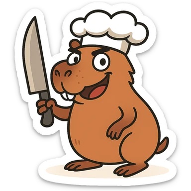 Add a playful and cute chef hat to the cartoon capybara holding a knife, keeping the overall style playful and cute. sticker