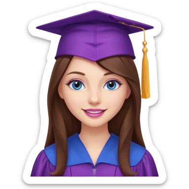 girl with beautiful extremely long brown hair, blue eyes, long lashes makeup, sexy pink lips, wearing a purple graduation cap and gown sticker