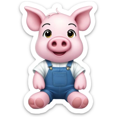 Soft toy pink pig, in blue overalls and white sleeves shirt, soft plush paws and legs, on the snout two crosses instead of nostrils, ears, no tail and hair, black eyes sticker