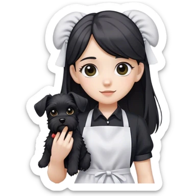 pale girl with long back hair wearing black long shirt wearing apron holding black floppy ear schnauzer sticker