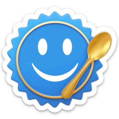 Blue verification badge, gold spoon, ribbon, emoji sticker