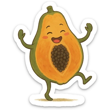 dancing papaya fruit character, ghibli style, lively and cute sticker