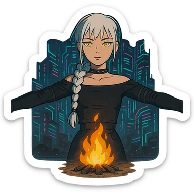 young woman with gold yellow eyes, white hair, long braid, black off-shoulder top, punk gothic style, futuristic cyberwave cyberpunk,, she is calmly t-posing , there is a small bonfire in front of her sticker