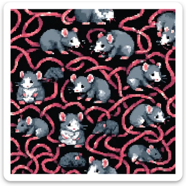 Enhance the image to show more tangled tails among the rats in a pixel art style. Emphasize the pixel art aesthetic with clear, blocky pixels and vibrant colors typical of pixel art. Increase the complexity and visibility of the tails to appear more intertwined and tangled, while maintaining the pixel art style. sticker