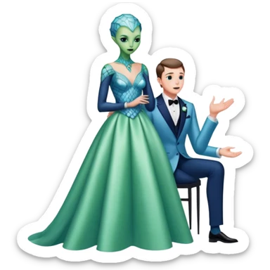alien reptilian green skin woman, in long slim pastel blue formal party satin dress with gradient shiny sparkling navy blue diamonds embroidered , and caucasian man in black dres on his knees asks her to marry her sticker