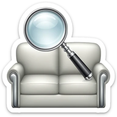 first-person view of a magnifying glass in foreground with a couch visible through the lens, furniture inspection sticker