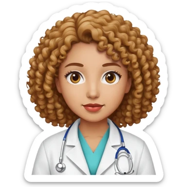 woman with curly hair, light brown skin, wearing hospital lab coat sticker