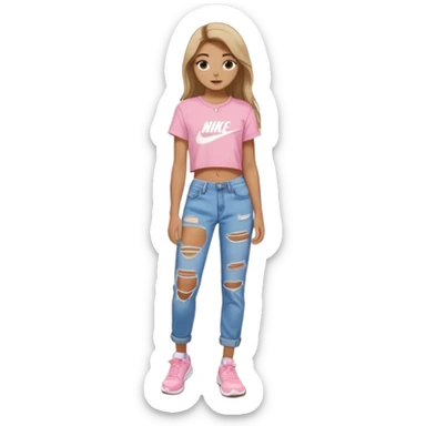 preppy teenage girl, tan, less blonde highlights, brown long hair, long eyelashes, beach aesthetic, wearing cute clothes, wearing ripped blue long baggy jeans with a light pink sexy crop top, wearing Nike shoes, very sexy, very long eyelashes, very pretty sticker