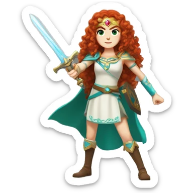 a white girl with long red curly hair and freckles, cosplaying Princess Zelda posing and ready for a fight sticker