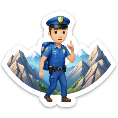 Adventurous man hiking with a police badge with mountains in the background sticker