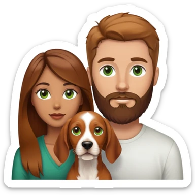 White male with green eyes and beard and brown hair and Hispanic female with brown eyes and balayage long hair and vizsla dog sticker