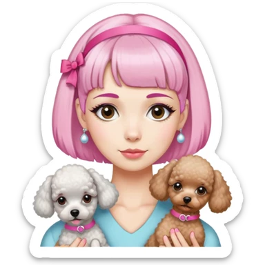 short pixie bangs platinated woman pink hair band，fair-skinned ,no earringsholding two poodles sticker