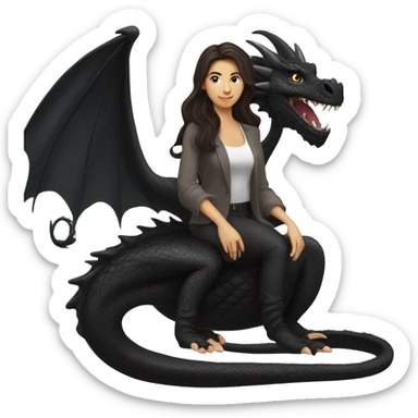 Beautiful white woman with long wavy dark brown hair riding a black dragon sticker