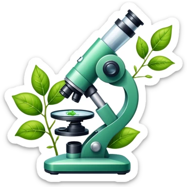 An icon featuring a DNA strand, a microscope with visible cells, and a green leaf, symbolizing biology. The design includes animal cells, plant structures, representing the study of living organisms and ecosystems. Transparent background highlights life sciences and biological research. sticker