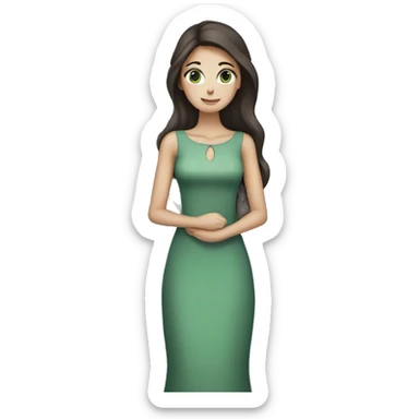 Beautiful skinny woman long dark brown hair in dress hug grey cat with green eyes sticker