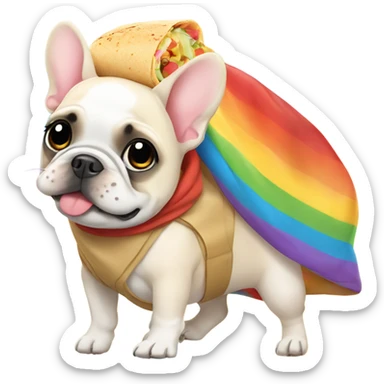 Cream French Bulldog wearing a burrito costume walking on a rainbow sticker