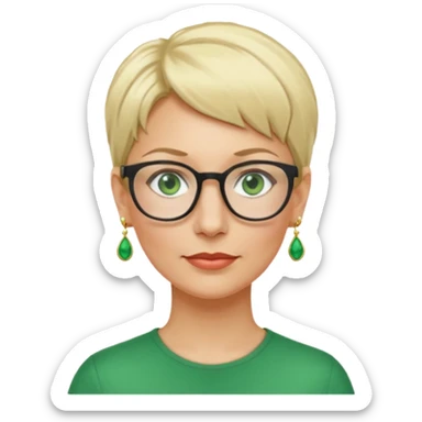 femme 40 ans lunettes cheveux très courts blonde anneaux oreilles yeux verts sticker