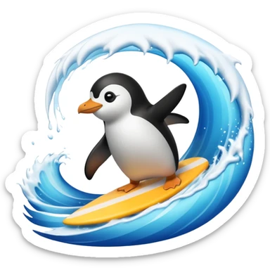 a penguin surfing with a wave splash sticker