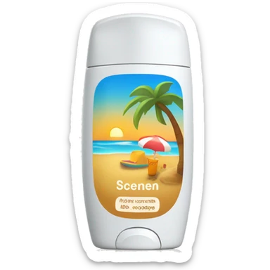 A Sunscreen bottle with a beach picture on the front sticker