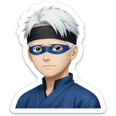 Satoru Gojo from Jujutsu Kaisen with white hair, blindfold, black and blue outfit, confident smirk sticker
