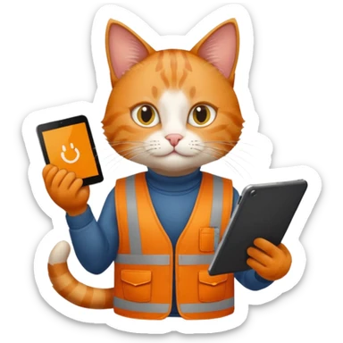worker cat wearing orange west holding a tablet sticker