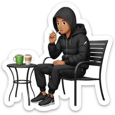 A man sitting on a chair, wearing a black puffed coat with hood and jogging pants, he is smoking a cigaret and drinks a coffee, he is freezing outsider, he is on a chair, the chair is an outside coffe terrasse black metal chair sticker