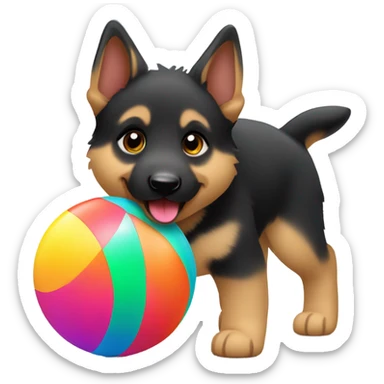 A German shepherd puppy walks with a ball sticker