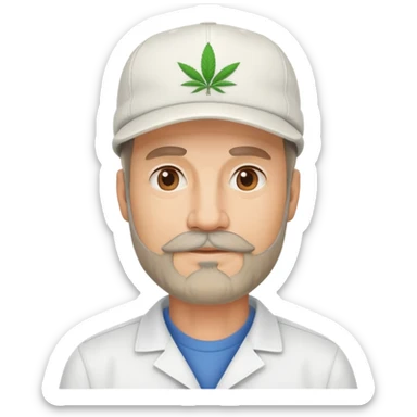 Middle-aged man with facial hair, dispensary owner, wearing a cap sticker