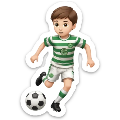 Celtic footballer jersey logo  6 years old brown hair white boy , brown eyes , stripes uniform , RUNNING  with soccer ball # 17 celtic football logo PUT ONLY ONE LOGO sticker