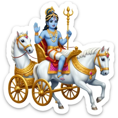 Lord Krishna driving a chariot ,seven white horses in front of the Chariot and Arjun riding the Chariot. sticker