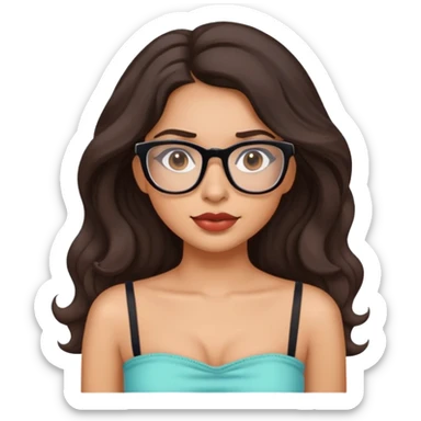 Latina girl with long wavy hair slim face and glasses with big lipswearing a tube top sticker
