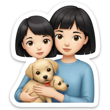 A girl with short black hair and bangs holding a Labrador sticker