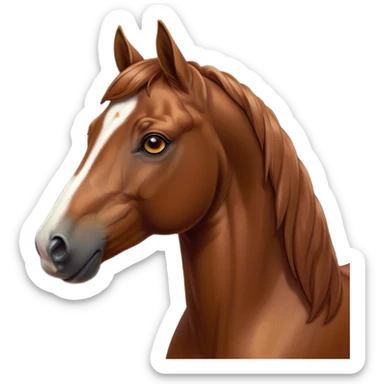 Cinematic Noble Chestnut Horse Portrait Emoji, Poised and regal, with a strong, athletic build and a lustrous, well-groomed chestnut fur, deep-set soulful amber eyes, Simplified yet sharp and sophisticated features, highly detailed, glowing with a warm, dignified glow, high shine, intelligent and majestic, stylized with an air of equine elegance, focused and attentive, soft glowing outline, capturing the essence of a watchful and confident steed, so majestic it feels as though it could gallop out of the screen with effortless authority! sticker