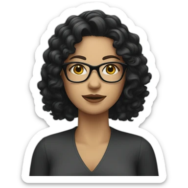 white woman with long curly black hair and glasses sticker